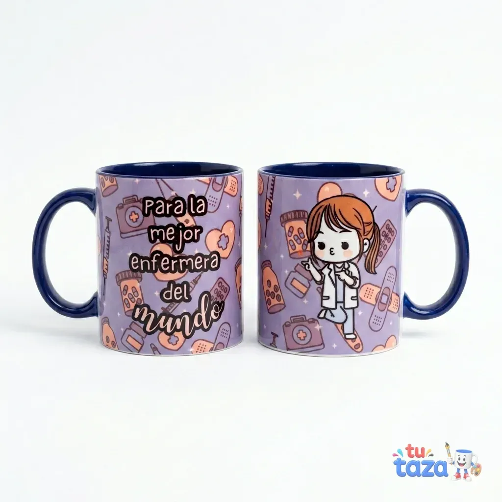 Taza bicolor personalizada para enfermera, vista frontal y trasera